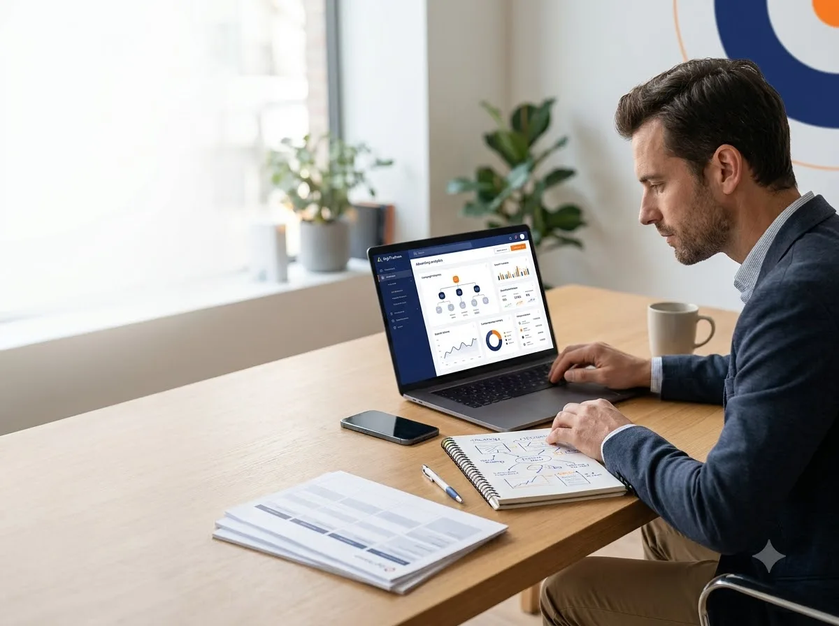 Professional reviewing a Google Ads campaign strategy for Digi Pratham