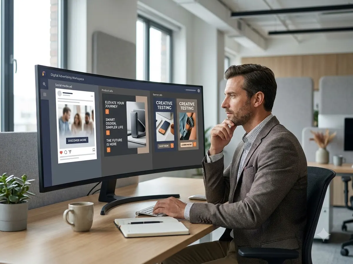 Digital advertising strategist planning Meta ad creative and campaign messaging