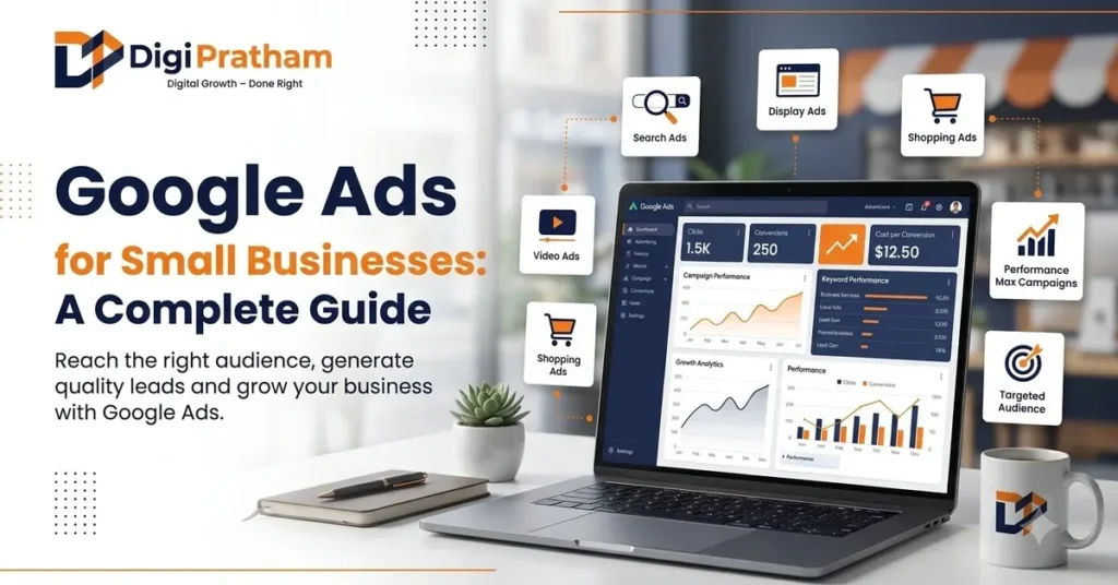 Google Ads for Small Businesses complete guide by Digi Pratham featuring Google advertising campaign management and business growth strategies.